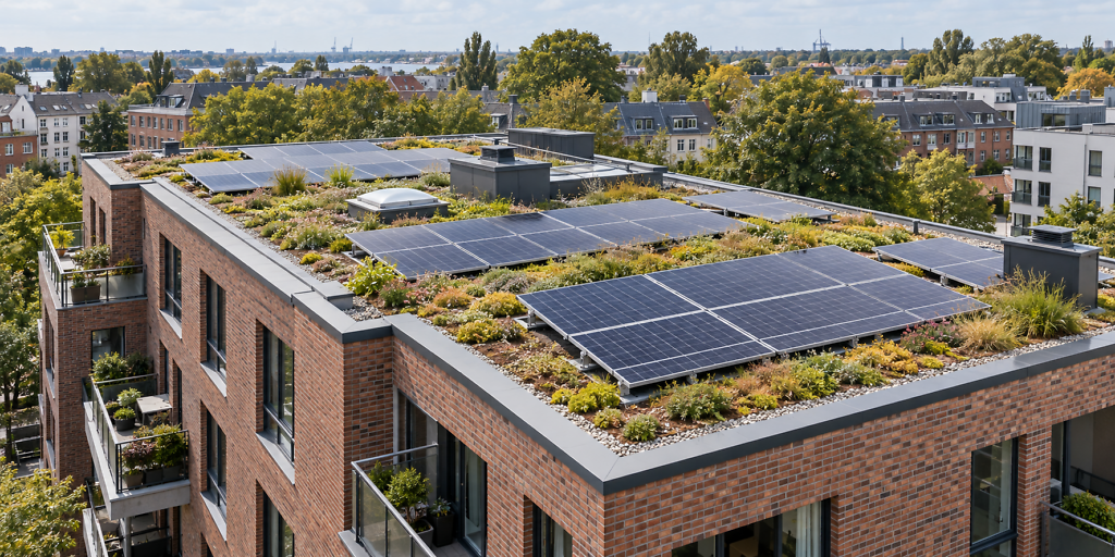 Solargründach mit Photovoltaikanlage auf einem Hamburger Wohngebäude
